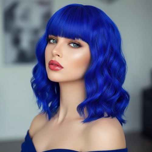 Image of AGO Blue Short Wavy Wigs with Bangs Curly Bob Wig Shoulder Length 14Inch Synthetic Hair Wig for Women Girl Heat Resistant Synthetic Colorful Wigs for Daily Party Halloween Cosplay Use(517#Blue)