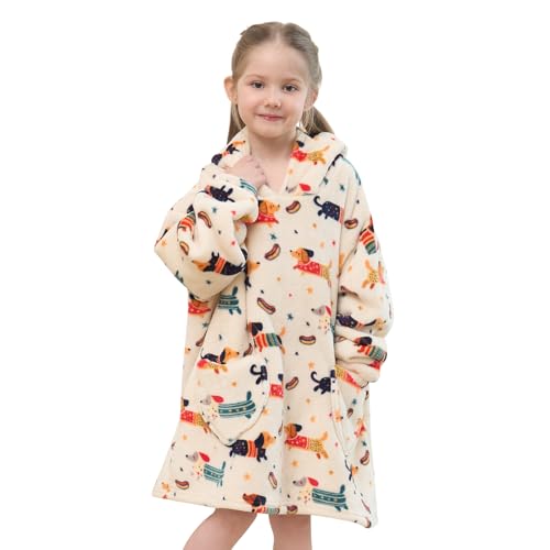 Mewkou Wearable Blanket Hoodie for Kids Oversized Sherpa Blanket Hoodie for Kids Boys Girls Toddler 2-6YR,Dachshund