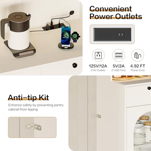 Image of 72 inch Black Kitchen Pantry Cabinet with Lights and Charging Station, Tall Hutch Storage Cabinet Coffee Bar Cabinet with Microwave Shelf for Dining Room