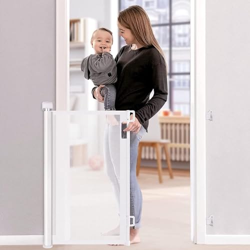 WAMBORY Retractable Baby Gate Extra-Wide Safety Gate for Babies and Pets Durable Punching Installation Adjustable Kids Safety Barrier for Kitchen Stairs Indoor & Outdoor (White 150 * 86cm)