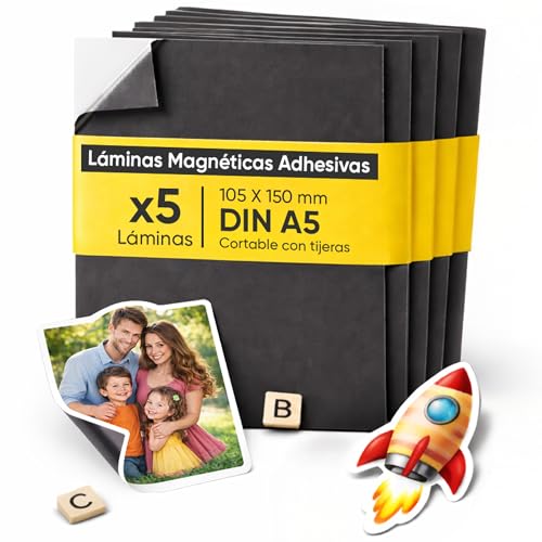 PREVIS Lámina Magnética Autoadhesiva DIN A5 (210 x 148 mm) – Hojas Imantadas Adhesivas para Fotos, Manualidades y Carteles – Película Magnética para Hogar, Escuela y Oficina (Pack 5 Unidades)