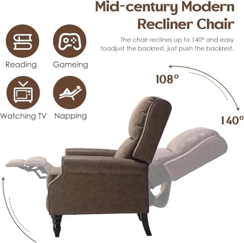 Image of Leather Recliner Chair, Pushback Recliner Chair with Adjustable Backrest Footrest, Mid Modern Reclining Chairs with Overstuffed Arms Lumbar Support for Reading, Living Room, Drak Brown