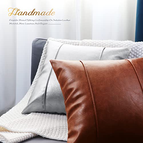 Image of BRAWARM Silver Leather Throw Pillow Covers 16 X 16 Inches - Faux Leather Pillow Cover with Piping, Hand Stitched Leather Throw Pillow for Couch Sofa Bed Living Room Home Decorative