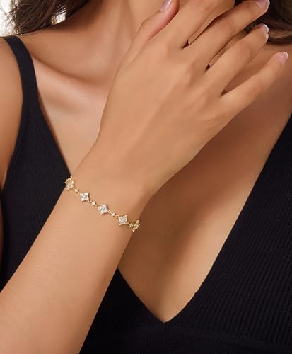 Dainty Gold Silver Bracelet for Women Trendy Non Tarnish 14K Gold Plated Cubic Zirconia Bracelet Simple Butterfly Flower Cubic Zirconia Bracelets Jewelry Gift for Women