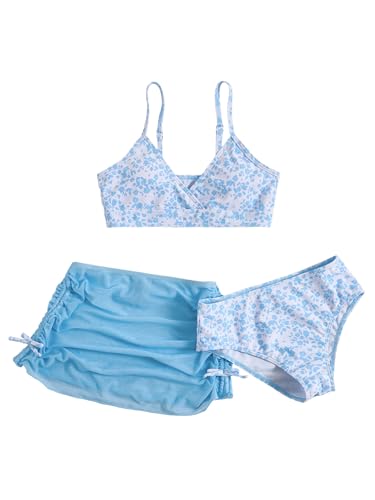 Image of COZYEASE Girls' 3 Piece Set Floral Print Bikini Swimsuit with Drawstring Beach Skirt Cute Ruched Bathing Suit