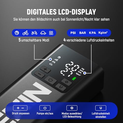 LEXIN P5 Elektrische Luftpumpe, Akku Kompressor 5000 mAh, 10,3 Bar Tragbare Reifenpumpe für Fahrrad, Roller, Motorrad, Auto, Rollstuhl… – Ansicht 3