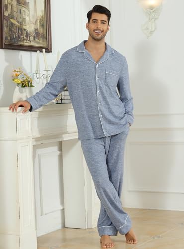 Veseacky Mens Pajamas Set Long Sleeve Soft Pajamas for Men Button Down Sleepwear Pjs Lounge Sets with Pockets S-2XL2