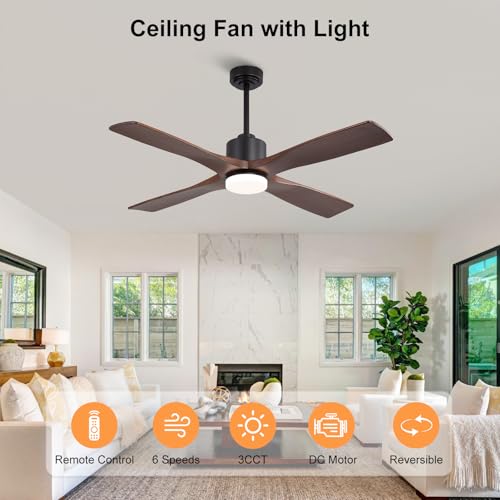 Image of LEDLUX 54 inch Ceiling Fans with Lights -Modern Ceiling Fan with Light, 6-Speed Remote, 4 Solid Wood Blades, Quiet DC Motor, for Bedroom, Living Room, Outdoor, Black with Walnut