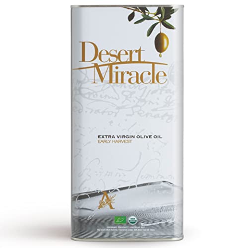 Organic Extra Virgin Olive Oil by Desert Miracle, 5 Litre Can (170 fl oz), First Cold Pressing, Very Light Bitterness, Sweet with a Pepper Finish, Product of Atlas Morocco, Gold Medal Award