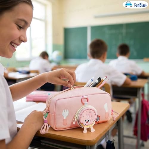 Image of FunBlast Pencil Pouch for Girls - Cartoon Pouch with Hanging Strap & Coin Pouch, Multipurpose Zipper Case, Aesthetic Pouches for Girl, Kawaii Pencil Case, Cute Pouches for Girls (Pink)