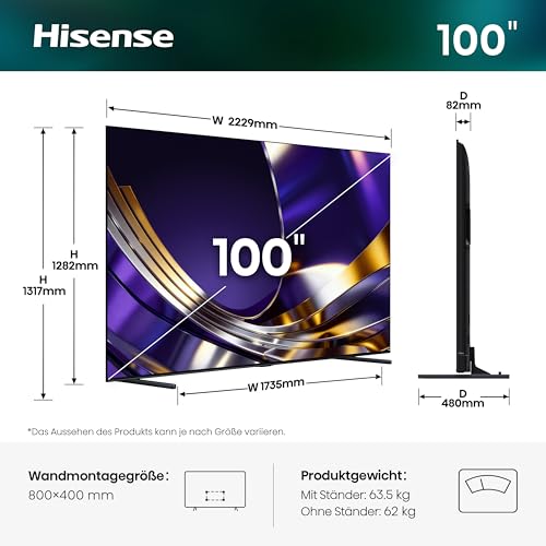 Hisense 100U7DS Pro Fernseher 100 Zoll, 4K UHD, Hi-QLED Mini LED Pro, Smart TV, 165Hz, Hi-View AI Engine Pro, Dolby Vision.Atmos… – Ansicht 2