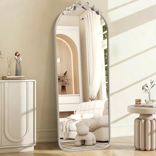 Image of Besdomus Arched Mirror Full Length: 21 inchx56 inch Vintage Bow Silver Floor Mirror | French Antique Baroque Traditional Ornate Standing for Entryway /Cloakroom /Bedroom - Ideal for Fashion-Conscious Ages 18-45