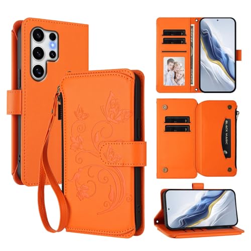 Housse Samsung S26 papillon orange avec porte-carte intégré et clapet de protection