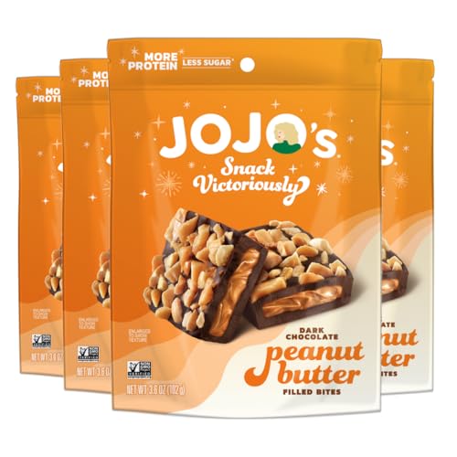 JOJO's Dark Chocolate Peanut Butter Filled, Healthy Snack, Low Sugar, Low Carb, Gluten Free, Non GMO, Paleo & Keto Friendly, Made with Plant Based Hemp Protein, Vegan (4 Count)