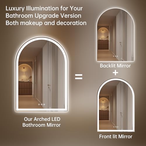 Image of Arched Bathroom Mirror with Lights 28 inchx40 inch- Frameless LED Mirror for Bathroom, Fogless, Dimmable, 3 Color Changing, Shatterproof, Touch Sensor