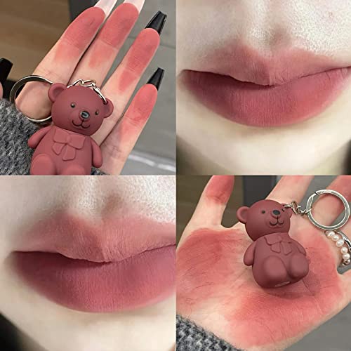 6 Color Cute Bear Matte Lip Mud Velvet Grey Pink Keychain Lipstick Waterproof|Long Lasting Lip Glaze Cosmetics Portable Lip Gloss Lip Stain Gloss Makeup Set For Women (6Pc) #TOP2