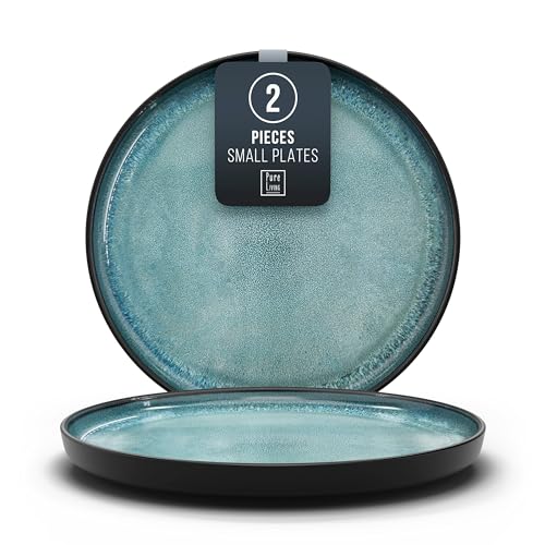 PURE LIVING INTERIOR DESIGN Small Dinner Plates Set of 2, 7.5" Stoneware Plates, Stylish Salad Plates, Dessert Plates Ceramic, Dishwasher and Microwave Safe dark petrol Blue Ceramic Plates