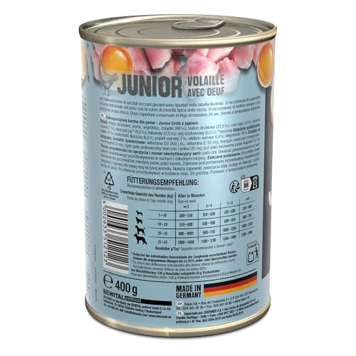BELCANDO Nassfutter für Hunde, Junior Geflügel mit Ei, 6X 400g Dose, Hundefutter nass, für alle Rassen, Made in Germany