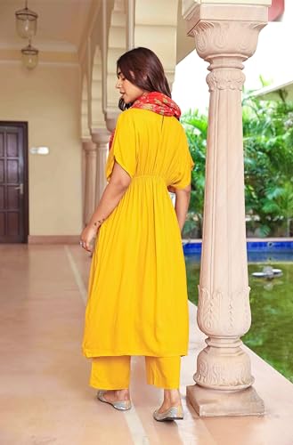 Image of Janasya Women's Mustard Rayon Solid Kurta with Palazzo and Scarf