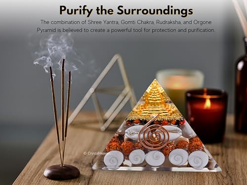 Crystal Heaven Laxmi Pyramid Original Certified Gomati Chakra, Rudraksha, Cowrie Kodi Maha Laxmi Pyramid - 90Mm Large Orgonite Pyramid With Shree Yantra - Pooja Vastu Items For Home For Good Luck