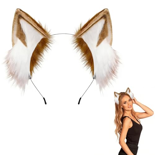 LIULINY Marrone Bianco Orecchie Volpe, Regolabile Fox Ears, Affascinante Orecchie Volpe, Fascia per Capelli Peluche Donna, Ideale per Cosplay, Lavaggio Viso, Costumi Festa Accessori Carnevale