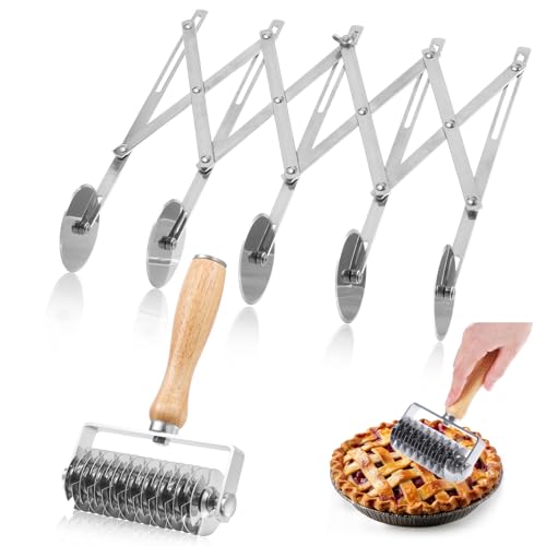 2 Pcs Pastry Cutter Set 5 Wheel Adjustable Pizza Slicer Stainless Pastry Lattice Roller Slicer Dual Ravioli Cutter Dough Pastry Cutter for Christmas Kitchen Pizza Noodle Cutter Pasta Maker