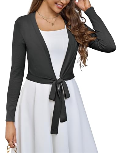 Image of VOIANLIMO Women's Cardigan Knit Sweaters Long Sleeve Cropped Tie Front Bolero Shrug for Dresses S-XL