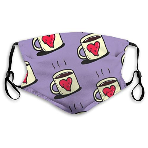 Cloth Face Mask with Replaceable Filters Activated Carbon Mask for Outdoor Travel, Daily Use Washable Skin-Friendly Windproof Dust Mask, Red Heart Coffee Mug Purple Cartoon Art