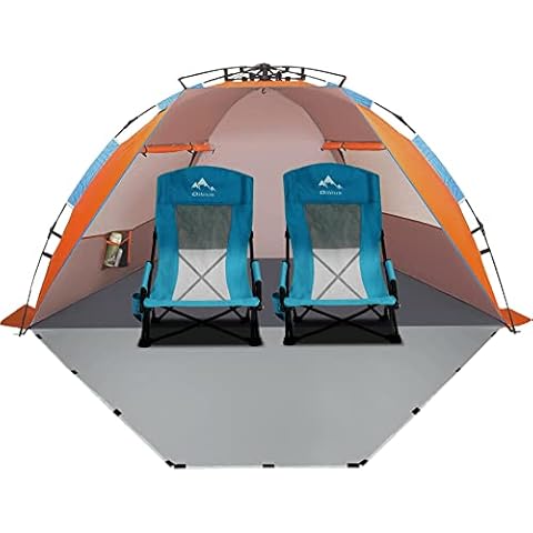 Oileus Folding Portable Beach Chair High Back 2 Pcs and X-Large 4 Person Beach Tent Sun Shelter Orange Cover