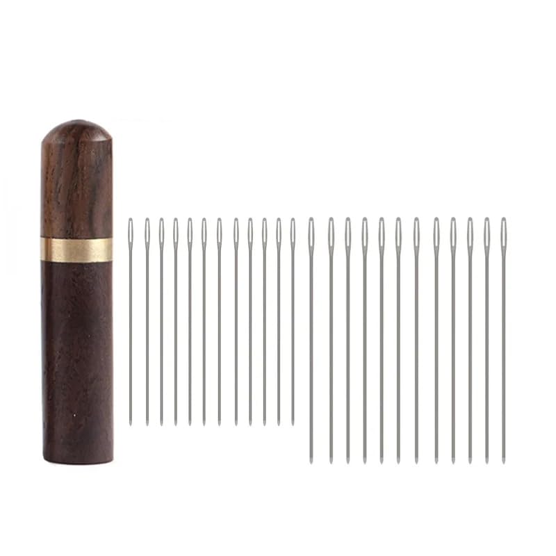 WUTA 24 Pcs Leather Sewing Needles with Black Wood Case, Round Point Large Eye Stitching Needles, Stainless Steel Hand Sewing Needle for Leathercraft(S+L)