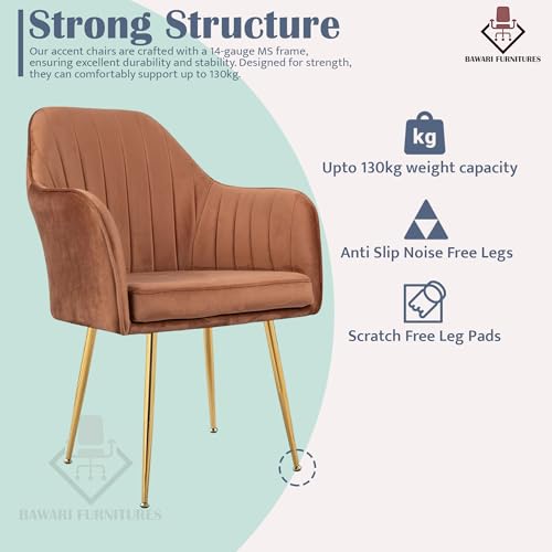 Image of Accent Chair for Living Room| Soft Velvet Fabric Armchair with Multi Colour Leg Options | Modern Chair with Thick Cushion for Home Office restaurent and cafes| 1pc (Golden Legs, Light Brown)