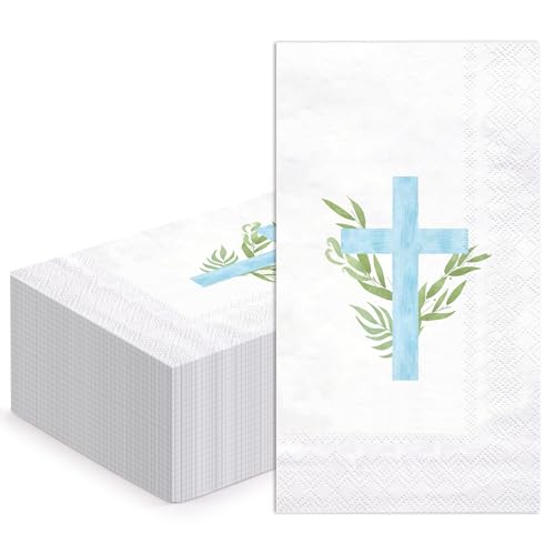 WRAPAHOLIC 50Pcs Cross Religious Paper Napkins - 3-Ply Religious Blue Cross Guest Disposable Hand Towels for Bathroom Spring Christening and Baby Shower - 4.3 x 7.9 In