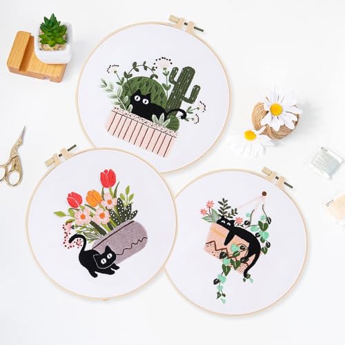 Image of LB Cat Embroidery Kit for Beginners Adults, 3 Sets Hand Embroidery Starter Kit with Cactus Floral Pattern and Instructions Stamped Cross Stitch Kits Include Embroidery Hoop Needles Threads Scissors