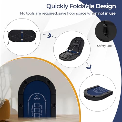 Goplus 72” Poker Table Foldable, 8 Players Card Board Game Table w/Deep Metal Cup Holders, Casino Grade Felt, Portable Folding Oval Blackjack Table for Texas Holdem, No Assembly Required (Blue)