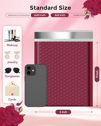 Image of Metronic Bubble Mailers 6x10 inch 600 Pack Burgundy Self-Seal Padded Envelopes | Usable Size 6x9 inch Waterproof Bubble Envelopes Bulk for Small Business Padded Mailers for Mailing Jewelry, Makeup #0