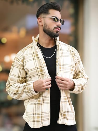 Image of Maniac Mens Checkered Full Zipper Fullsleeve Polyester Blend Fleece Shacket for Men