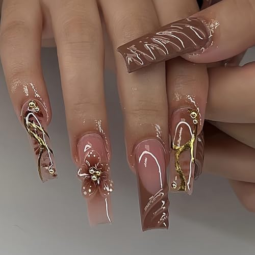 24Pcs 3D Flower Press on Nails Long Coffin Nails Brown French Tip...