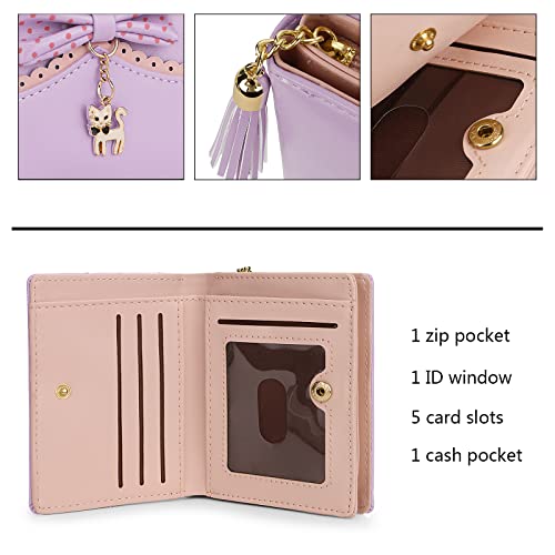 Uromee Girls Wallet Cute Cat Pendant Small Women Purse Bifold Vegan Leather Zipper Coin Pocket4