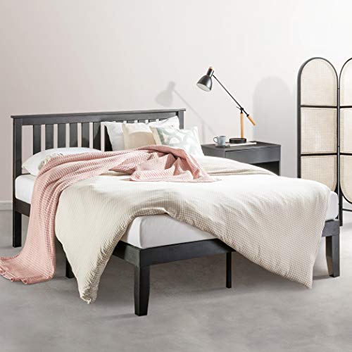 Mellow Marley 14 Inch Solid Wood Platform Bed with Paneled Headboard, Ebony Black, Queen
