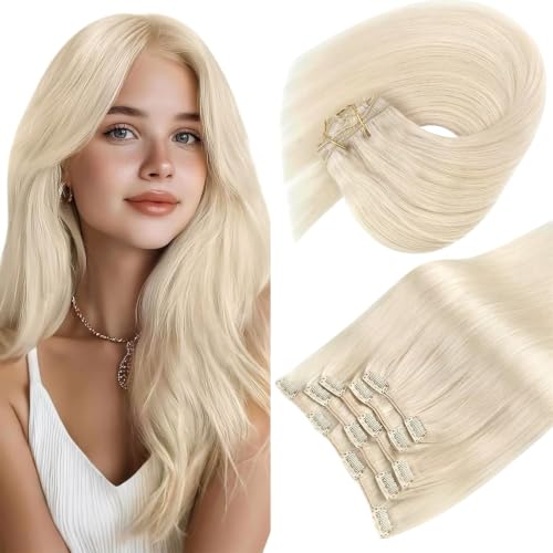 Sunny Hair Clip in Hair Extensions Real Human Hair Platinum Blonde 12 Inch