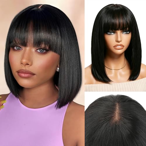 Cecycocy Straight Bob Bangs Wig 2X4 Lace Human Hair Wigs with Bangs 200% Density Realistic Short Natural Black Ready to Wear and Go Wigs for Women Beginner Friendly (10 Inch Natural Black)