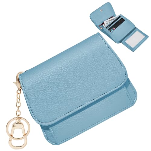 Image of Women Small Wallet RFID Blocking Slim Wallet with Coin Pocket Tri-Fold Credit Card Holder with ID Window and Keychain (Blue)