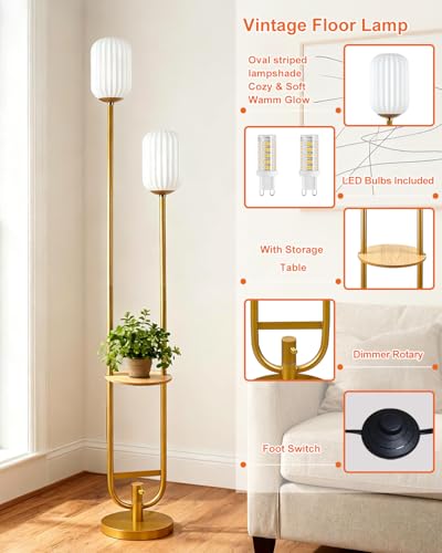 Image of 2-Lights Gold Dimmable Floor Lamp with Table, Modern Floor Lamps with Oval Striped Lampshade 3000K Soft Warm White Standing Tall Lamp for Living Room /Bedroom /Sofa Beside /Corner Decor