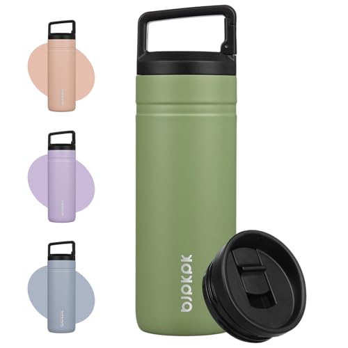 Image of BJPKPK 20 oz Insulated Travel Water Bottle, Coffee Tumbler Stainless Steel | Double Wall Vacuum, Leakproof, Thermal, Keeps Hot /Cold, Dishwasher Safe, Spill Proof, Wide Mouth, 2 Lids, Forest Green