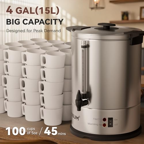 MOOSUM 100-Cup Commercial Coffee Maker Hot Water Urn, 4 Gallon Large Capacity Hot Drink Dispenser, 1500W Quick Brew for Catering Events, Stainless Steel - Thumbnail 3