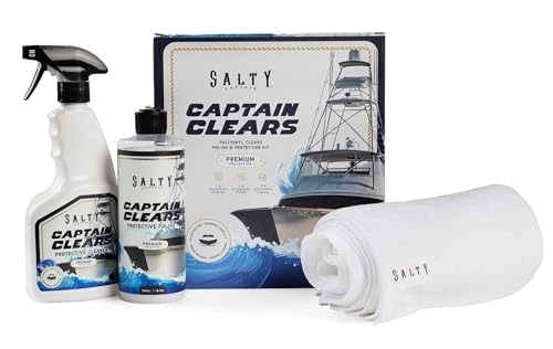 Salty Captain Clears Clean & Polish Kit – Isinglass Cleaner & Boat Polish – 16.9oz Cleaner, 16.9oz Polish & 5 Microfiber Towels – Restores Clarity & Shine to Strataglass, Polyvinyl & Marine Clears