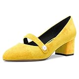 NobleOnly Mujer Cerrado el Dedo del pie Redonda Punta Medio Chunky Ancho Heel Mary Jane Pumps Cute Dress Oficina Fiesta Zapatos 5 CM Heels Amarillo Ante 42 EU