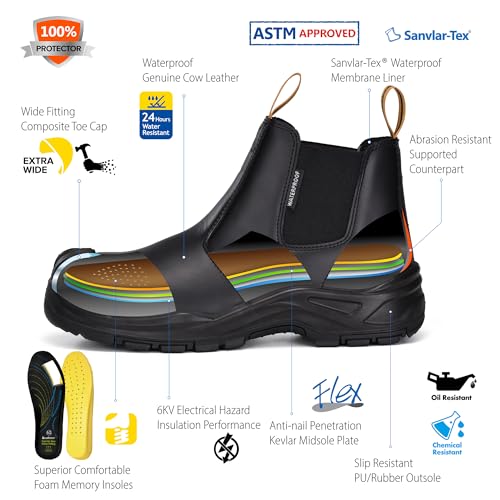 SAFETOE Safety Boots for Men Waterproof Work Boots Cow Leather Slip On Chelsea Composite Toe Cap Work Shoes Wide Fit2