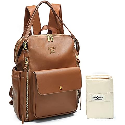 Baby Changing Bag with Foldable Changing Mat & Stroller Straps & Insulated Pockets by Miss Fong Baby Bags Nappy Changing Bag Backpack Leather Diaper Bags for Mum and Dad -Brown Cover