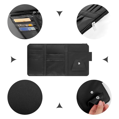 Image of OFBAND Car Visor Organizer with Sunglass Holder for Car,Multi-Functional Car Sun Visor Organizer with Zipper for Cards,Money,Tickets,Leather Truck Visor Organizer Car Accessories Interior (Black)